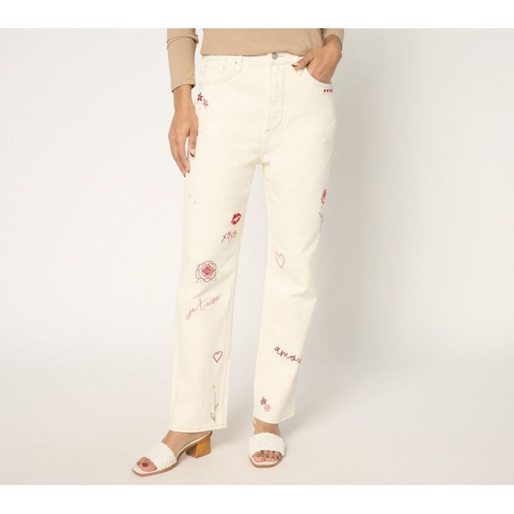 DRIFTWOOD Cream Straight-Leg Jeans with Red & Pink Embroidery